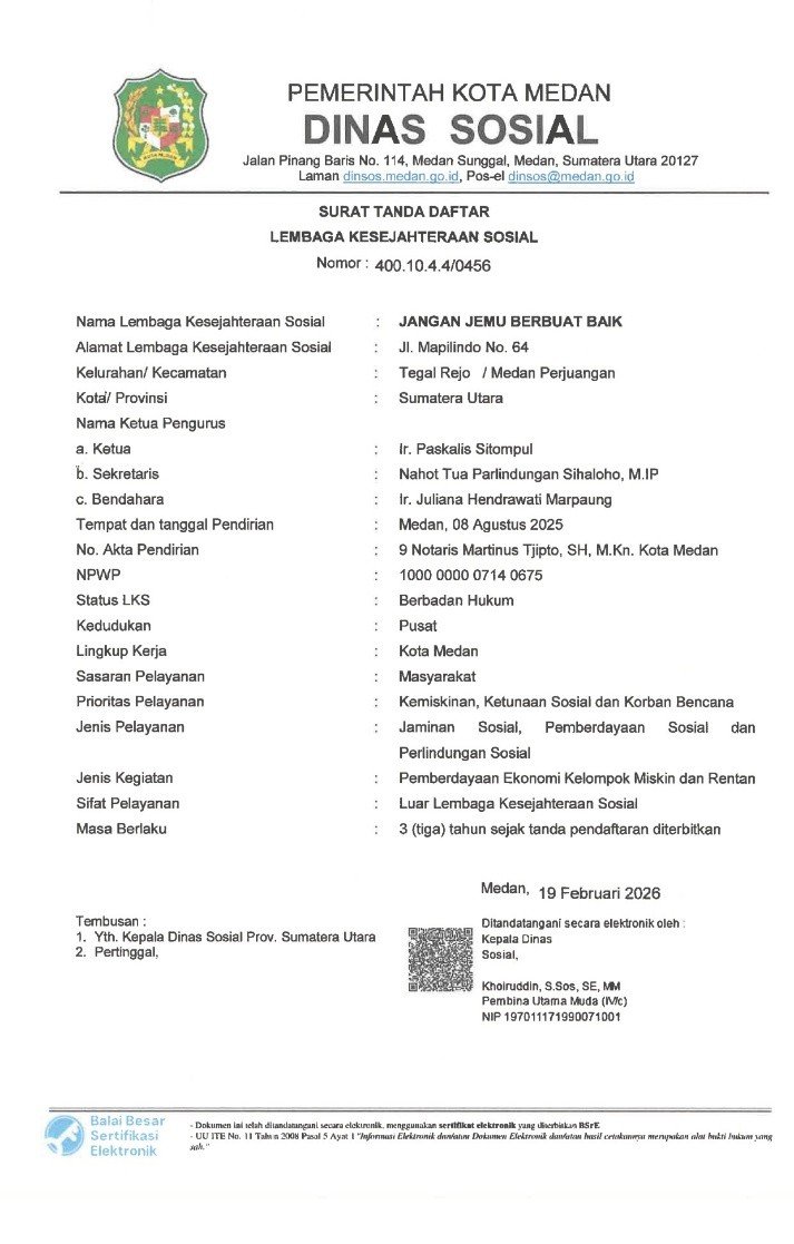 Yayasan JJBB Terima Surat Tanda Daftar LKS dari Dinsos Kota Medan